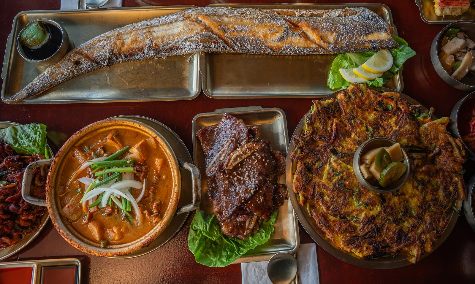 Daon table spread with grilled fish & pancake